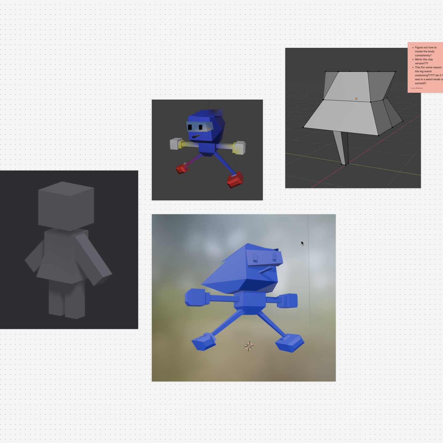 A collection of recorded screenshots from action research involving the testing and exploration of different 3D modelling software such as Womp, Spline, and Blender. Some images were not included in this specific sollection but are visible in others above. (Lucy)